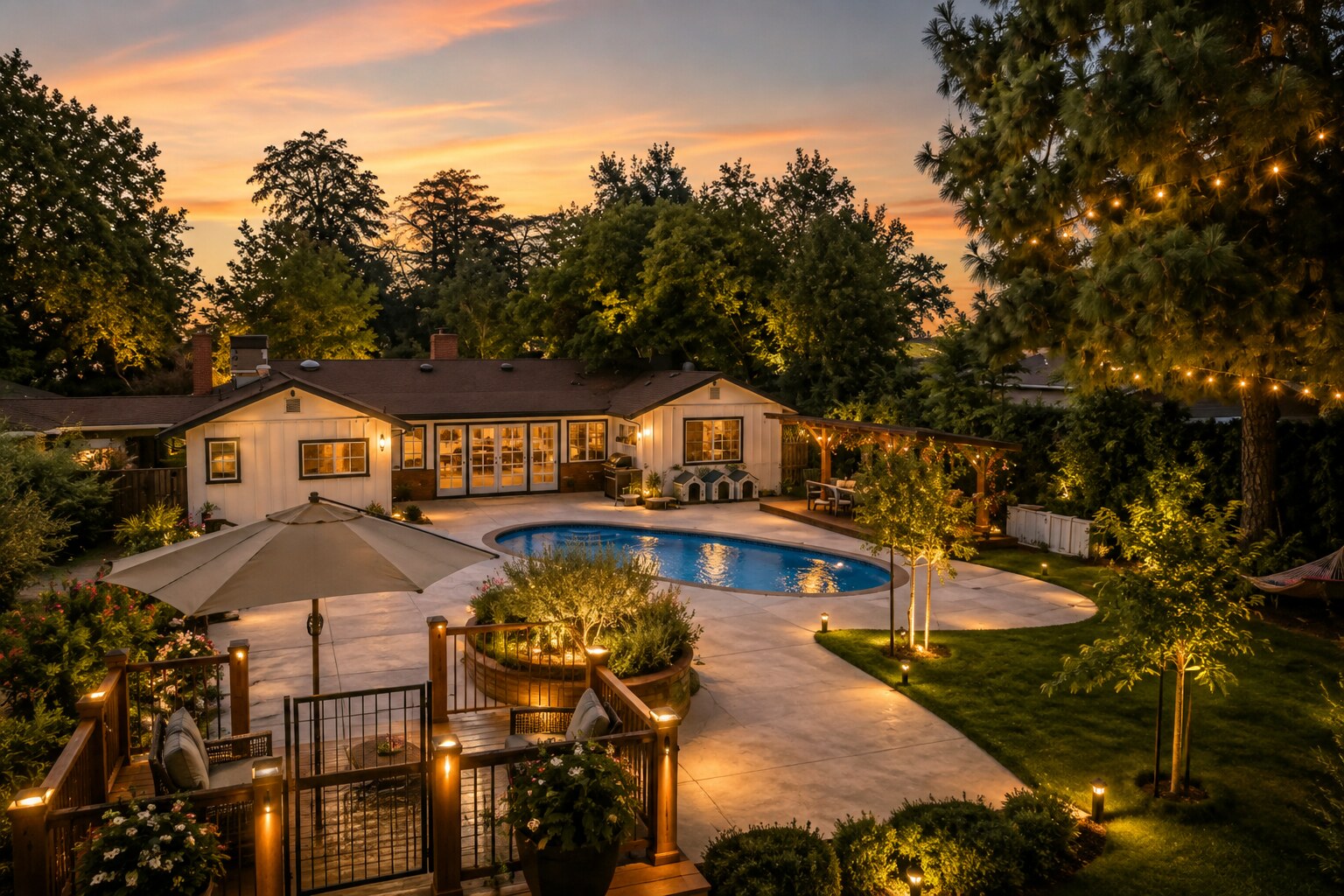 The pool and main house at Community Street, Kokoro's one-acre ranch campus in Canoga Park
